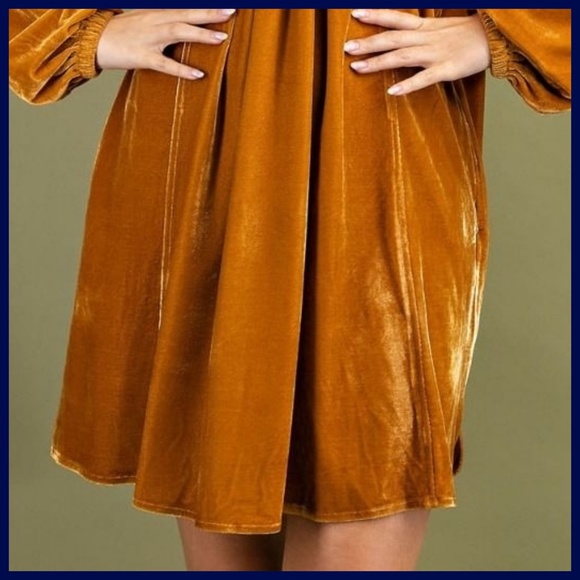 EASEL Long Sleeve Luxury Soft Velvet V-Neck Dress With Balloon Sleeve & Pockets - Picture 5 of 16
